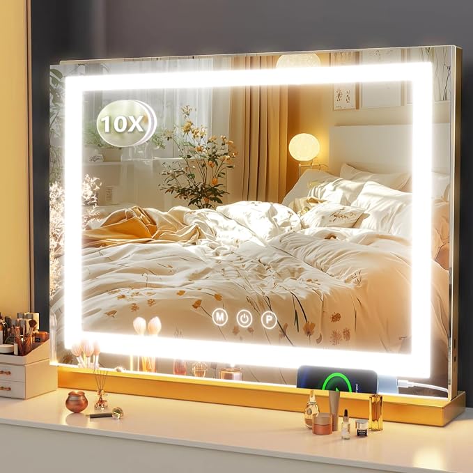 Gvnkvn Makeup Vanity Mirror with USB Charging Port 28" x 22" Large LED Makeup Mirror, Desk Mirorr with Lights, Light up Mirror with 10X Magnification and, Dimmable 3 Modes, Touch Gold