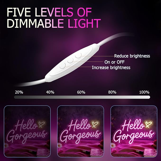 Hello Gorgeous Neon Signs for Wall Decor, Hello Beautiful Pink LED Lights | Dimmable Hello Gorgeous Light Sign for Girls Bedroom, Makeup Room, Beauty Salon, Wedding, Bachelorette Party, Gift for Women