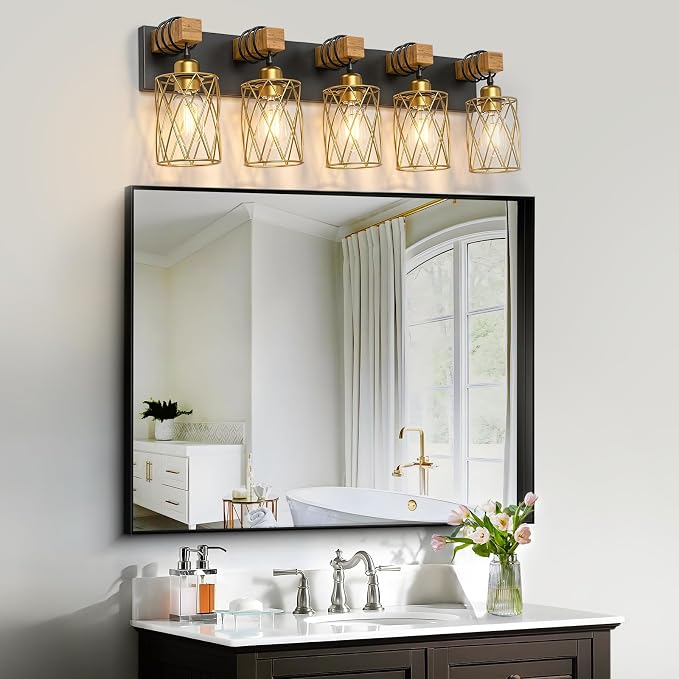 IZORRO Farmhouse Bathroom Vanity Light, 5-Light Wood Bathroom Light Fixtures Over Mirror, Black and Gold Industrial Vanity Lights with Metal Shade, Rustic Restroom Lighting Fixtures