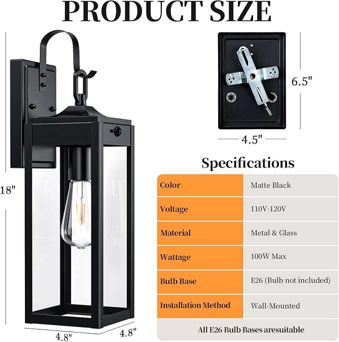 18'' Large Motion Sensor Outdoor Lights, Dusk to Dawn Porch Light | 2 Packs Exterior Lighting Fixtures, Modern Black Outdoor Sconces for House, Outside Farmhouse Wall Lanterns for Garage
