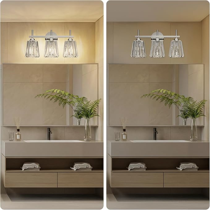 Crystal Bathroom Light Fixtures Over Mirror, Chrome 3-Light Bathroom Vanity Lights Over Mirror Modern Wall Lighting Sconces with Ceramic E26 Base (Bulbs Not Include)