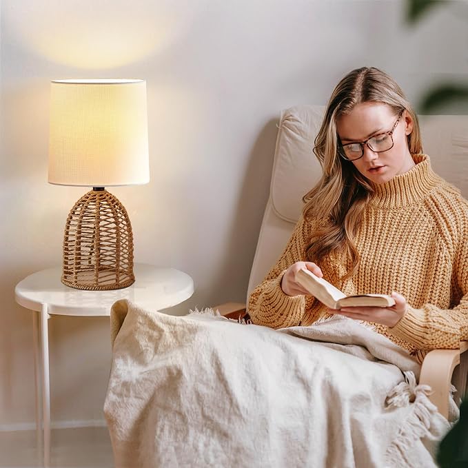 EJIAXIN Rattan Lamp Boho Lamps Set of 2-13.75" Mini Farmhouse Table Lamp Rustic End Table Decorative Small Lamps for Small Spaces Bedroom Nightstand Living Room Reading Desk Side Table Lamp