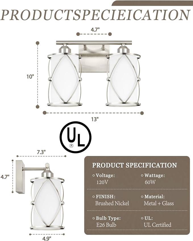2-Light Brushed Nickel Bathroom Light Fixtures with Milk Frosted Glass, 13" Modern Bathroom Vanity Lighting Fixtures Over Mirror with Metal Cage, Wall Sconce Light for Bath, E26, CH9176BNW-2W