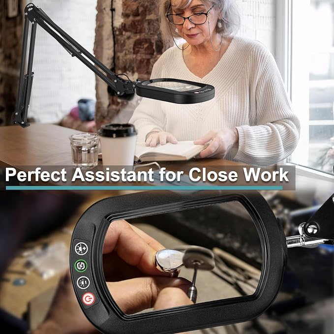 IVMAIE 12X Large Magnifying Glass with Light, Real Glass, 5 Color Modes Stepless Dimmable Magnifier with Stand, LED Lighted Clamp Desk Lamp with Swing Arm, Hands Free for Reading Crafts Close Work