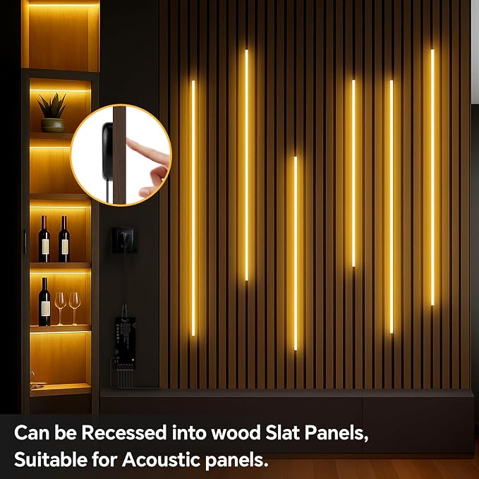6-in-1 Black PCB COB LED Strip Light 12V Touch Dimable 3.3Ft 3000K | LED Recessed Lighting Self-Adhesive Under Cabinet Light with 36W Adapter for Wood Slat Wall Panels Headboards Cabinet Shelf