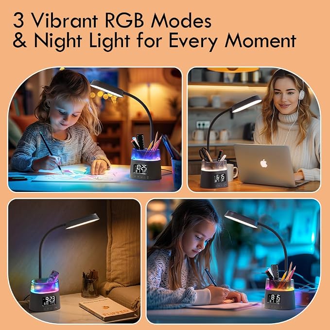 WILIT LED Desk Lamp for College Dorm Room Essentials, Students Study Lamp with USB Charging Port, Pen Holder, Clock & RGB Night Light, Office Desk Accessories, Table Lamp for Bedroom - Gray