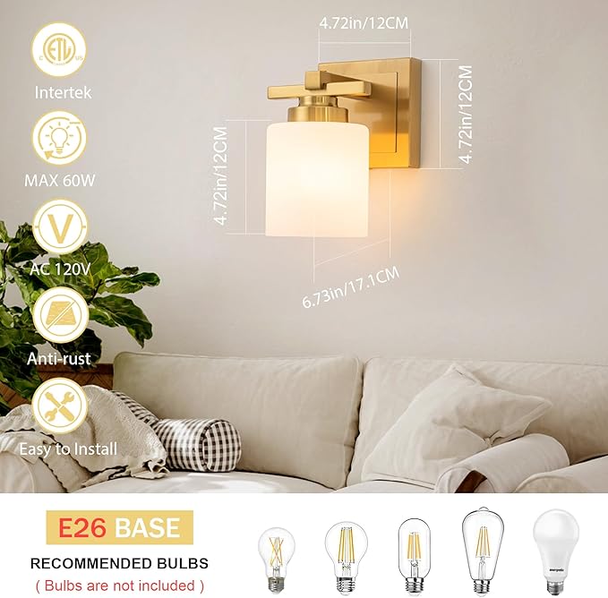 Modern Bathroom Light Fixtures Over Mirror, Vanity Lights for Bathroom Wall Sconces with Milky White Glass Shades, E26 Socket (Bulbs Not Included), 1 Light, Brass