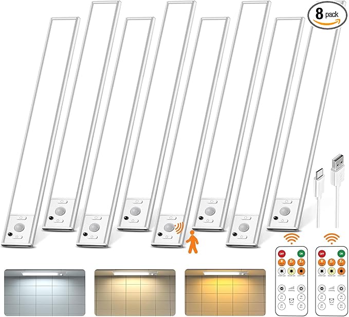 8 Pack Under Cabinet Lighting Rechargeable 12” Motion Sensor Light Indoor | 2500mAh Closet Lights Wireless, 3 Color Temps & Dimmable, Timer, Magnetic Under Counter Lights for Kitchen, Wardrobe, Stairs