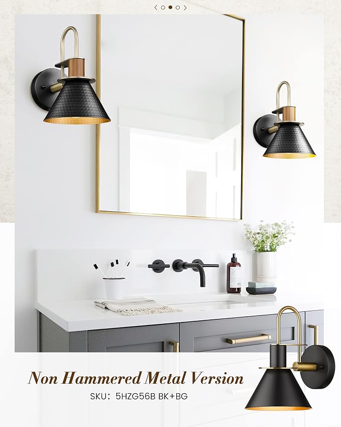 Modern Wall Sconces Set of Two, HWH Industrial Sconce Wall Lighting 1-Light, Brass Barn Wall Vanity Light for Bedroom Kitchen, Hammered Metal Shade, Black and Gold Finish, 5HZG74B-2L BK+BG