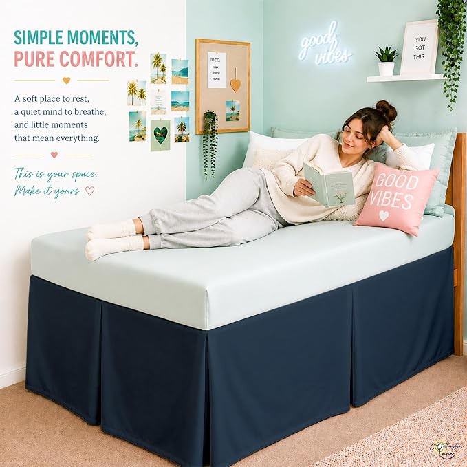 Cottington Lane Tailored Box Pleated College Dorm Bed Skirt Twin XL, Hotel Quality Premium Brushed Microfiber Extra Long Bedskirt Twin XL 32 Inch Drop, Navy Blue Dorm Bedding