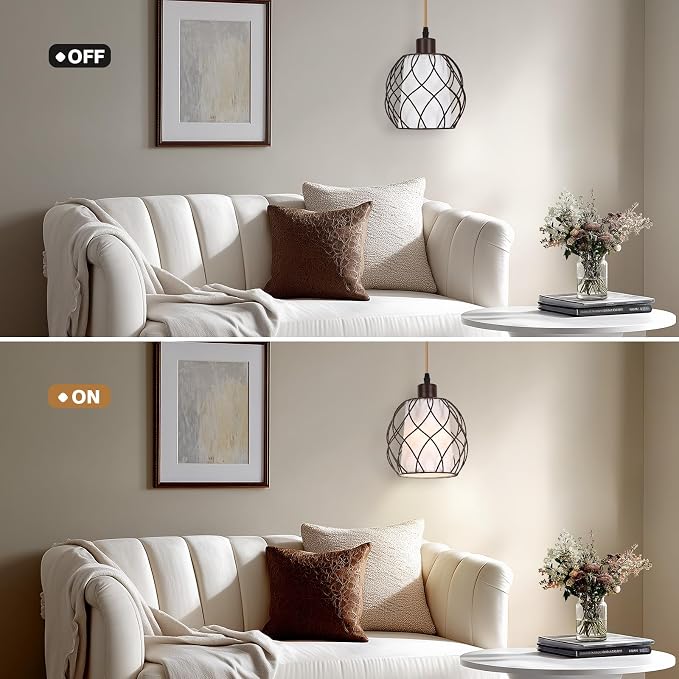 Plug in Pendant Light Metal Hanging Lights with Plug in Cord Hanging Lamp Mid Century Modern Vintage Dimmable Plug in Chandelier Ceiling Fixture for Living Room,Bedroom,Brown