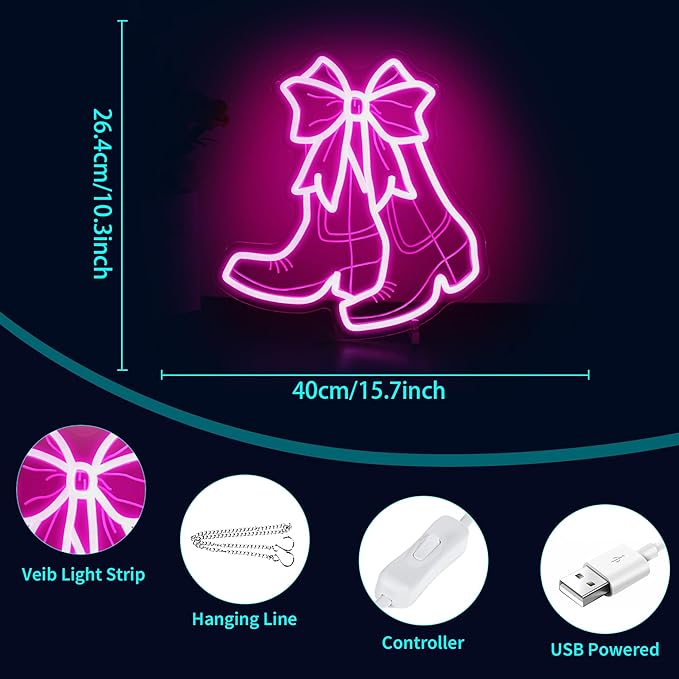 Neon Sign - HSJNJKFU Bow Boots Neon Signs for Wall Decor Beer Bar Signs for Room Decor Pink Led Lights Sign for Home Indoor Decor Birthday Party USB Powered