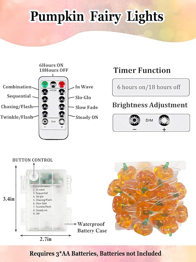 Fall Decor 10FT 3D Pumpkin Fairy Lights Battery Operated With Remote Orange | 30 LED, 8 Modes & Timer, IP44 Waterproof Twinkle Fall String Light for Indoor Outdoor Autumn Halloween Thanksgiving Decor
