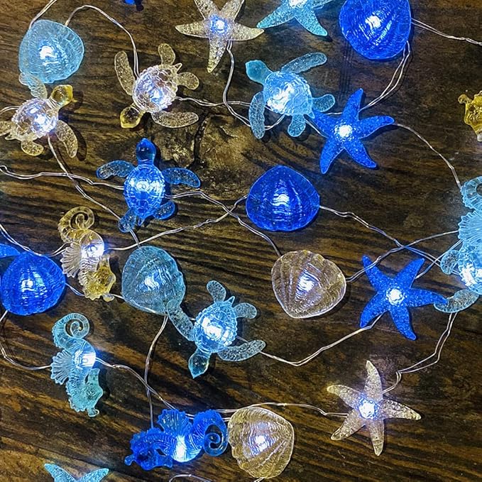 Ocean Themed String Lights Marine Life Night Light Beach Décor Sea Turtle Seahorse Starfish Clam Decorative Lights Battery Operated USB Plug in 30LED 10ft Christmas Tree Ornaments Holiday Bedroom