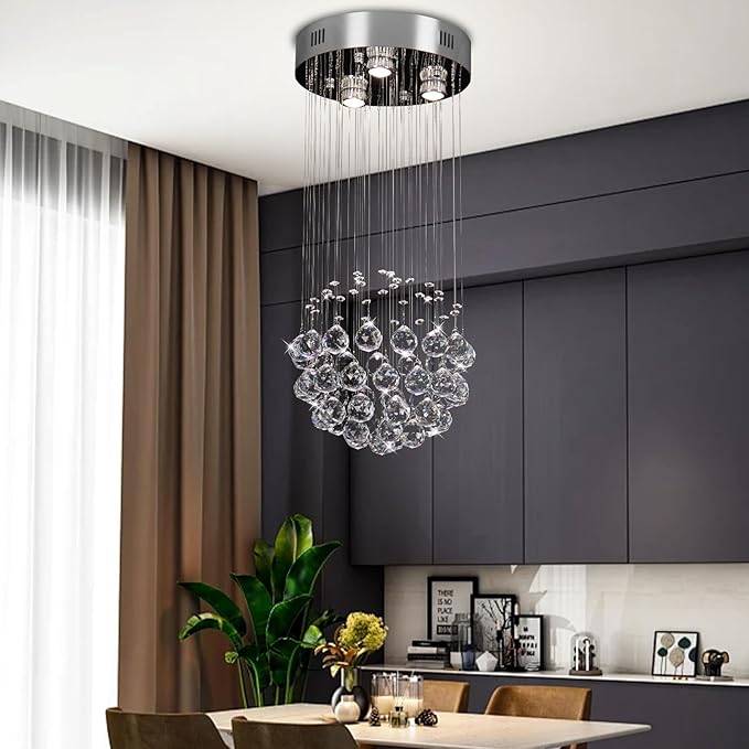 CLAIRDAI Modern Chandeliers Crystal Round Raindrop Chandelier Lighting Flush Mount Ceiling Light Fixture Crystal Raindrop Pendant Light for Living Entryway Room Dining Room,3*GU10 Bulbs