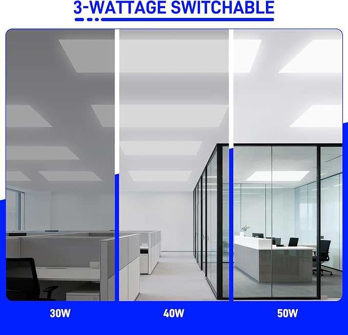 hykolity 2x4 LED Flat Panel Light,30W/40W/50W Dimmable,Drop Ceiling 2 Pack | Selectable Watts 0-10V Dimmable 5000K Daylight 6500LM ETL Recessed Light for Office Classroom Garage Replaces 3-Lamp Fixture