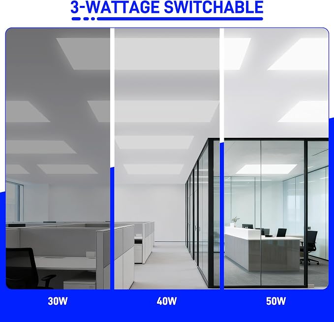 hykolity 2x4 LED Flat Panel Light,30W/40W/50W Dimmable,Drop Ceiling 4 Pack | Selectable Watts 0-10V Dimmable 5000K Daylight 6500LM ETL Recessed Light for Office Classroom Garage Replaces 3-Lamp Fixture