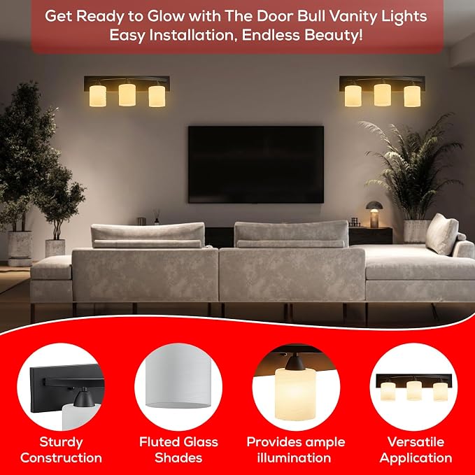 3-Light Bathroom Vanity Bar Light Fixture - Matte Black | Modern Frosted glass shades with E26 socket. Matte Wall sconce lighting perfect over mirror, kitchen, hallway, or entryway