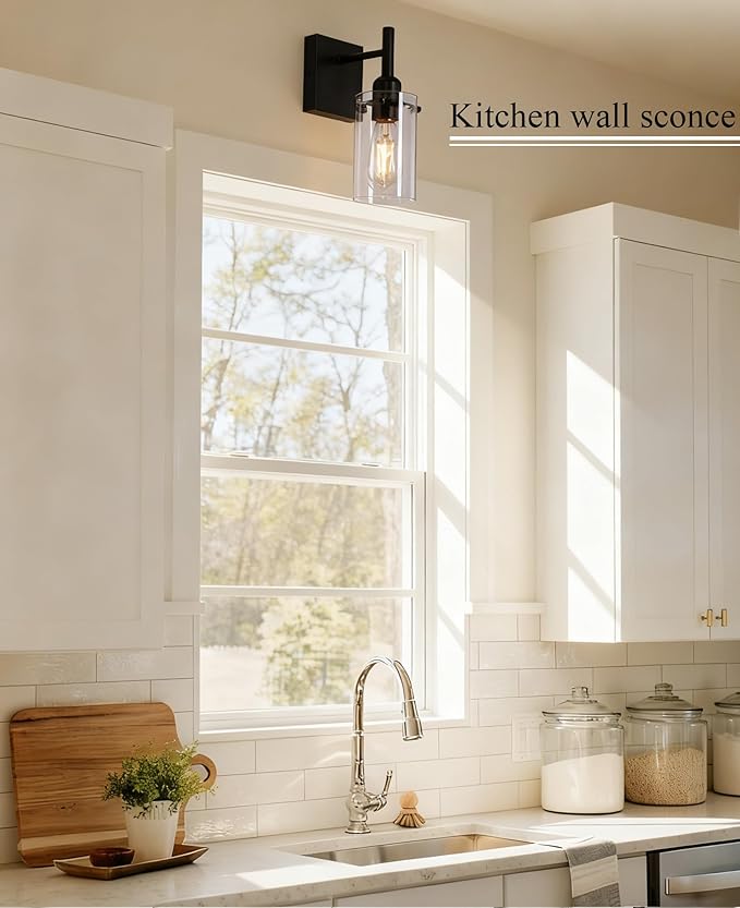 Modern Farmhouse Black Wall Sconce,1-Light Bathroom Wall Mount Vanity Light with Clear Glass Shade,Indoor Metal Wall Lamp for Living Room Bedroom Kitchen Hallway Mirror Decor