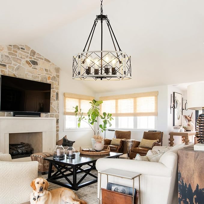 20'' Farmhouse Chandelier, 4-Light Black & Vintage White Dining Room Light Fixture Over Table, Rustic Industrial Drum Hanging Pendant Lights for Kitchen Island Living Room Bedroom Hallway Entryway