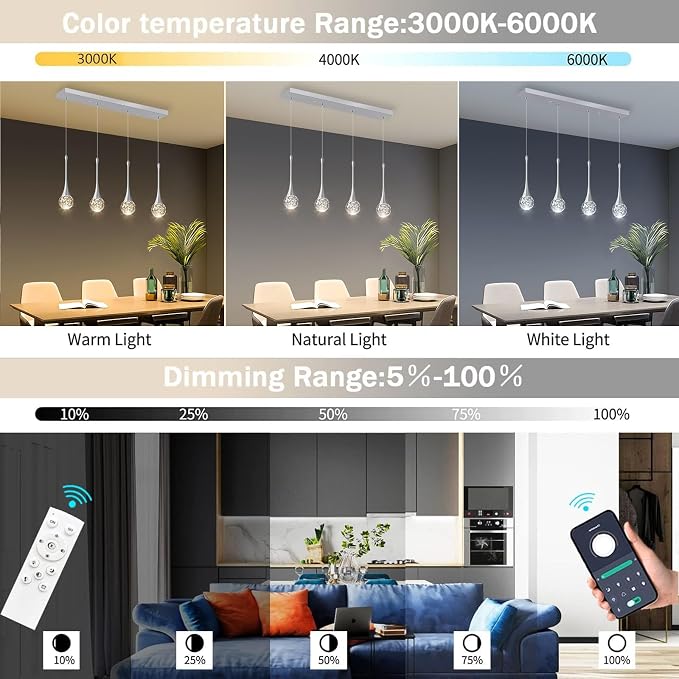 4-Lights Modern Pendant Lights for Kitchen Island LED Dimmable Crystal Glam Ceiling Pendant Lighting Chandelier for Dining Room Hallway Bedroom Silver