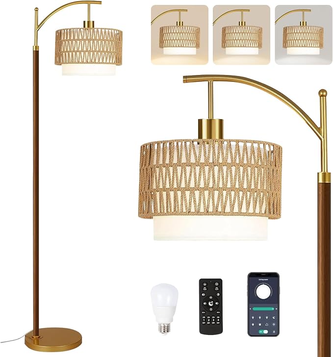 ZECOXOL Boho Floor Lamps for Living Room Rattan Floor lamp with Remote Control & 3 Color Temperatures,Vintage Wood Mid Century Modern Standing Lamp Dimmable Tall Floor Lamp for Bedroom Corner