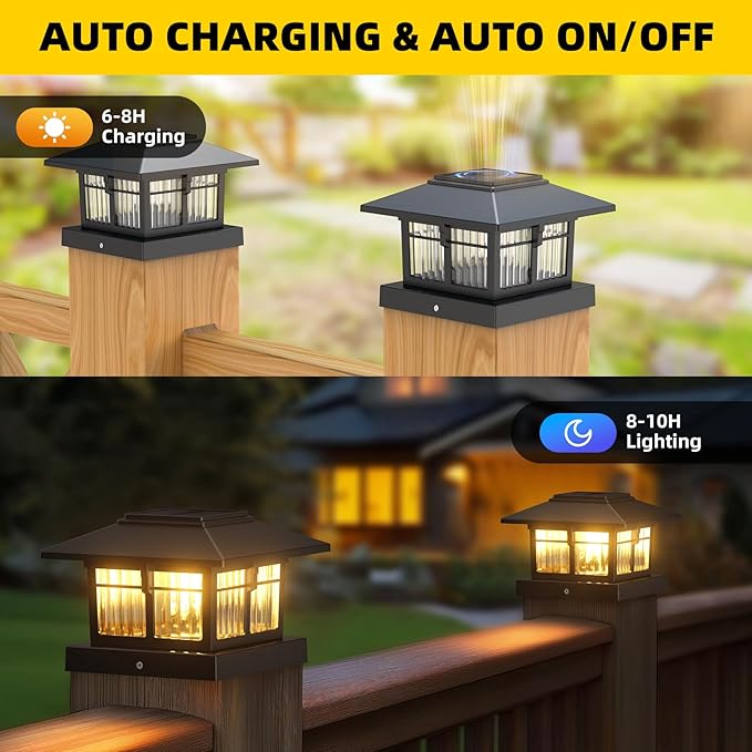 EXCMARK 4x4 Solar Post Cap Lights, 4 Pack Fence Deck Post Lights Outdoor Solar Powered Waterproof with Two Light Modes Warm&Cool White for Garden Patio Decor. (Classic Black, 4)