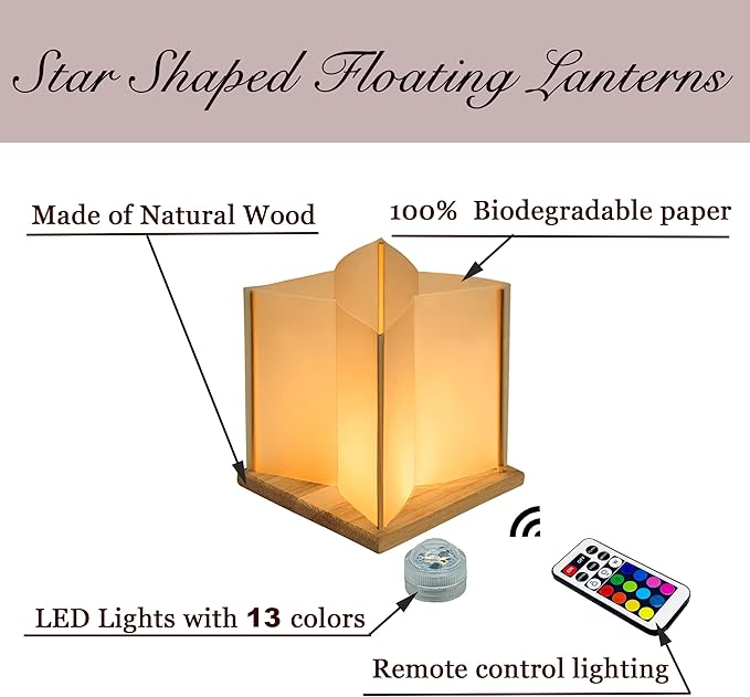 10 Pack 6" Star Shaped Floating Lanterns with Waterproof Wooden Base Sets, Paper Water Lanterns Decoration with LED Tealight Candle (10Sets Lanterns +Multicolor LED Candles +Remote Control)