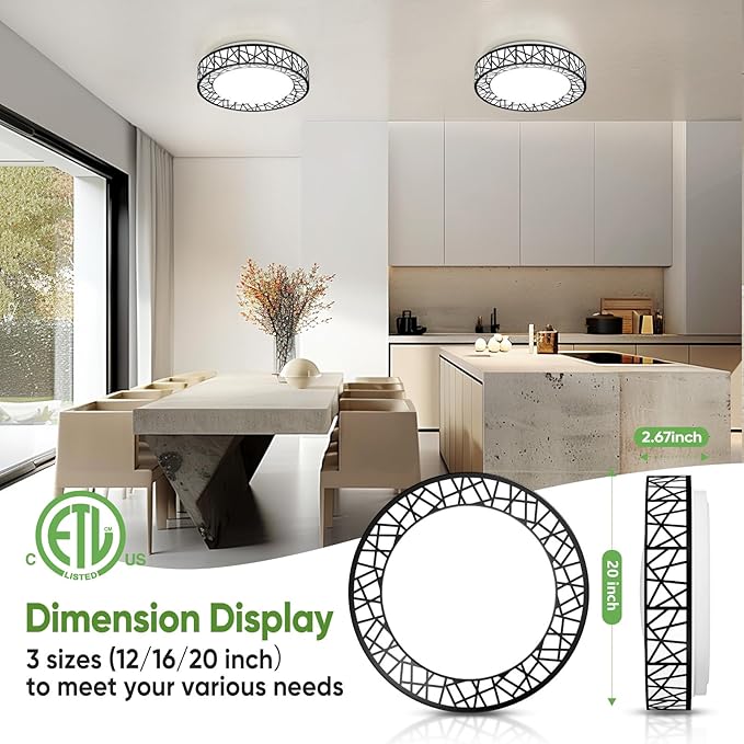 20 Inch Flush Mount Ceiling Light, Modern Black LED Ceiling Light Fixture, 42W 4000LM 2700-6500K Adjustable, Dimmable Ceiling Lights for Bedroom, Kitchen, Hallway, Bathroom, ETL Listed