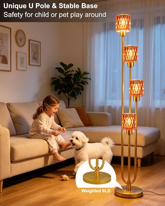 Vintage 4-Light Deep Red Glass Floor Lamp, Dimmable Gold Standing Tall Lamp for Reading, Mid Century Modern Floor Lamp for Living Room Bedroom Home Office Corner Decor, Bulb Included