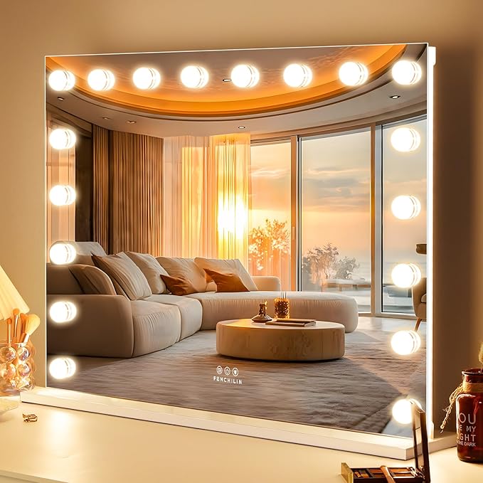 FENCHILIN Vanity Mirror with Lights 32''x23'' Backlit + Front Lit Hollywood Lighted Vanity Makeup Mirror Smart Touch Control Light with Memory Function