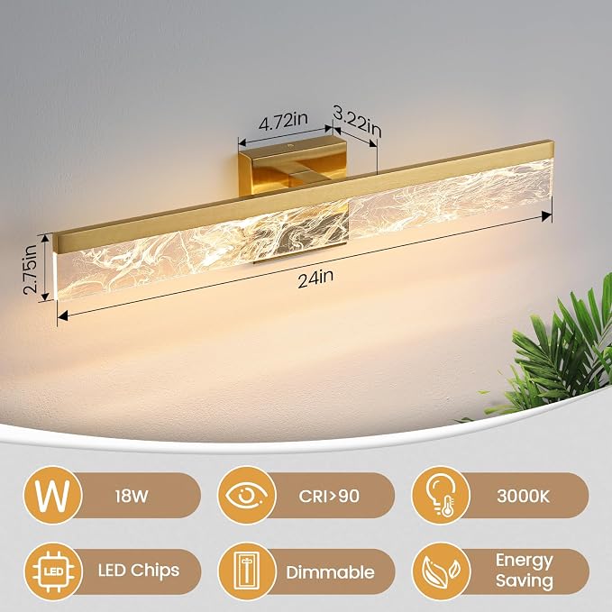 AIJIASI Gold Vanity Light - 24 Inch Modern Bathroom Light Fixture Over Mirror 18W 3000K Warm Lighting Dimmable LED Vanity Lights for Bathroom Restroom Mirror