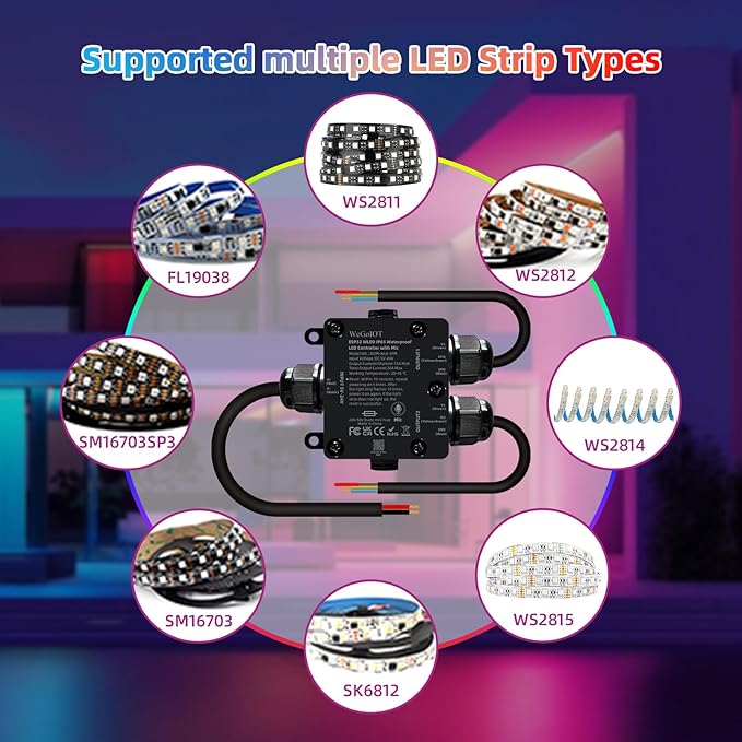 Waterproof ESP32 WLED Controller with Mic , Project for Pool Boat Landscape Outdoor Lights IP65 Dynamic RGB IC DIY Lighting WiFi APP Control for WS2812B DC5-24V RGBW LED Controller (2 Channel)
