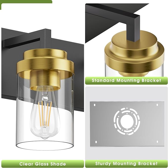 Bathroom Lighting Fixtures, 3-Light Bathroom Vanity Lights Over Mirror, Black and Gold Vanity Light with Glass Shade, Modern Vanity Lighting Fixtures for Bathroom, Bedroom, Hallway