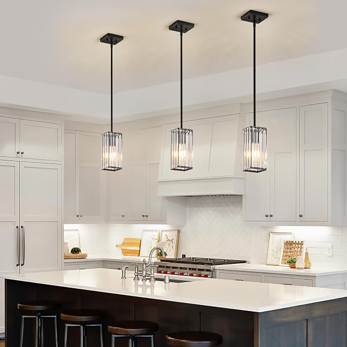 Modern Crystal Pendant Lights Kitchen Island, 2-Pack Black Hanging Light with Crystal Shade, Adjustable Height Pendant Lighting for Kitchen Island Dining Room Bedroom Bar Entryway