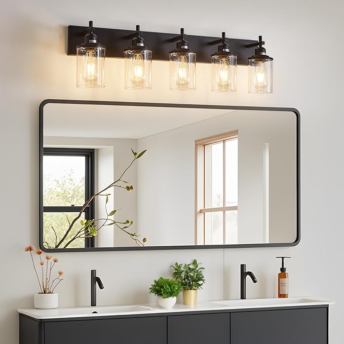 5-Light Black Bathroom Light Fixture Over Mirror Modern Farmhouse Bathroom Vanity Light Vintage Wall Lighting with Clear Glass Shade for Bathroom, Bedroom, Hallway, Cabinet