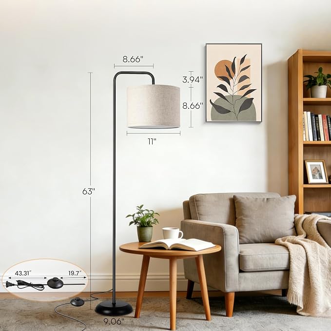 TJOY Floor Lamp, Black Standing Floor Lamp for Living Room with 3 CCT Bulb | 3 Color Temperatures 12W Bulb included, Metal Lamp with Extended Arm, Lamp for Bedroom, Couch, Reading Nook, Office, Black