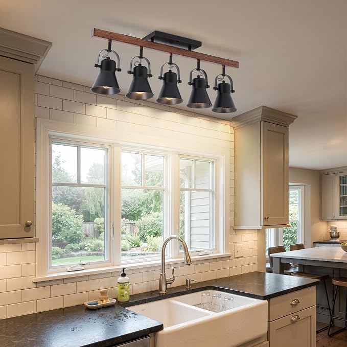 5-Light Track Lighting Fixture Ceiling, Industrial Black Semi Flush Mount Ceiling Light with Rotatable Spotlights, Farmhouse Wood Grain Metal Kitchen Lighting for Living Room Dining Room Hallway