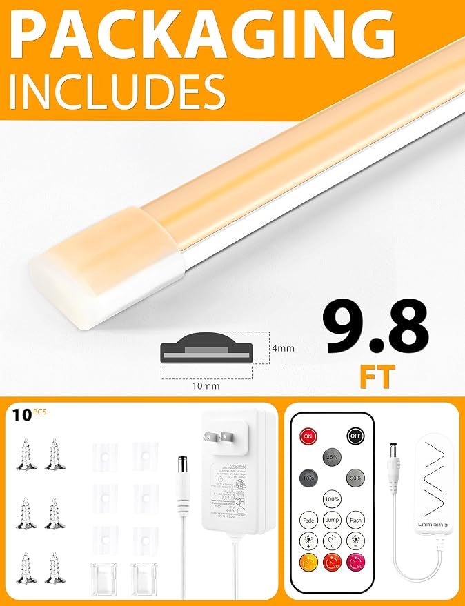 COB LED Strip Lights 9.84Ft, Warm White Dimmable Self-Adhesive Led Rope Light with Remote,Waterproof Cuttable 24V Flexible Neon Under Cabinet Tape Lighting for Bedroom, Kitchen,TV 10 mm Width