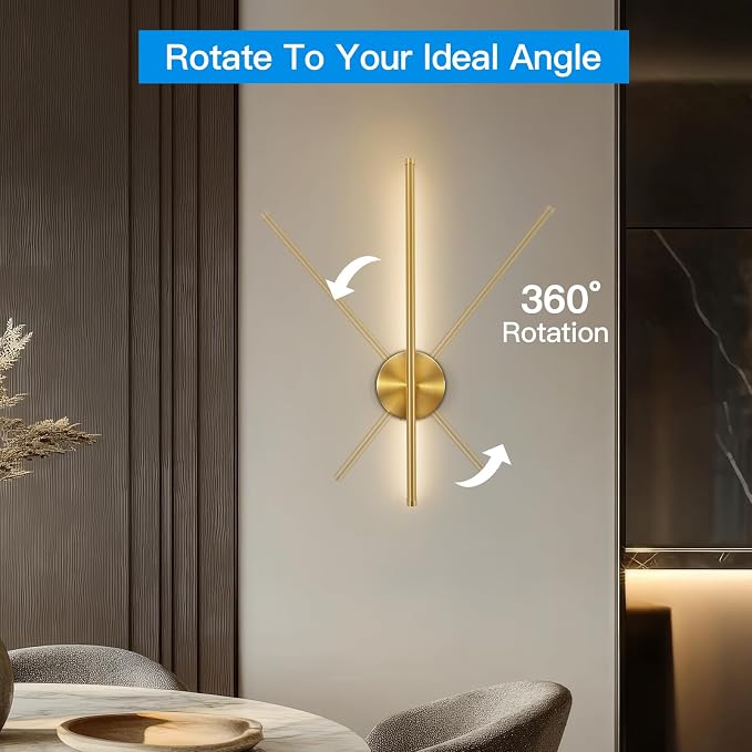 TBattery Operated Wall Sconces Set of Two, Wireless Wall Sconces 24 Inch | Rechargeable, Remote Control, Dimmable, 360°Rotate, Cordless Wall Light Decor for Living Room, Hallway, Timing, Gold