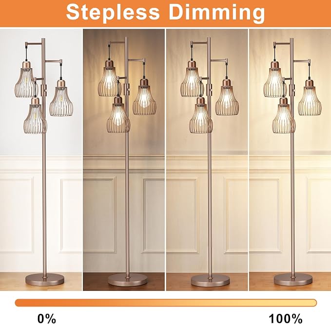 Ziisee Dimmable Floor Lamps for Living Room, Industrial Tree Standing Tall Lamps with 3 Elegant Cage Shade & 800 Lumens LED Bulbs for Bedroom Office - Brown