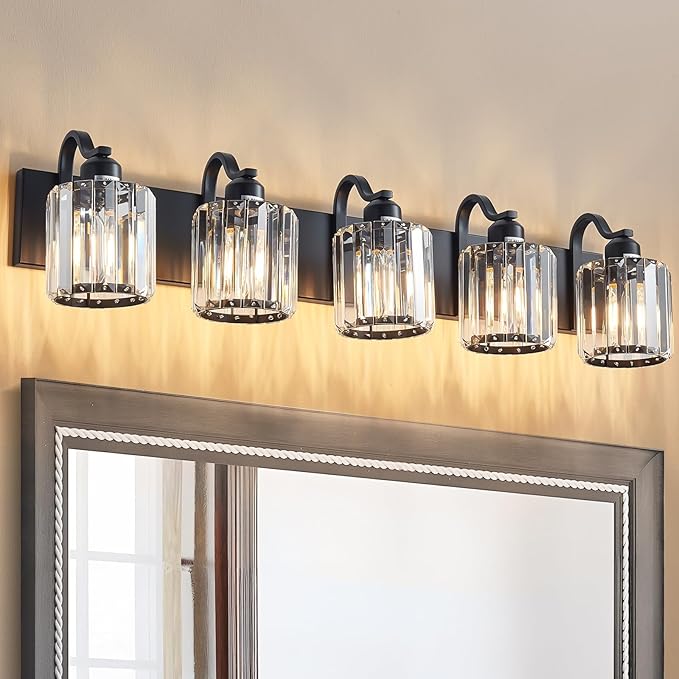 Crystal Vanity Light Black Bathroom Vanity Lighting Fixtures 5 Lights Modern Vanity Light for Bathroom with Crystal Round Shade (Exclude Bulb)