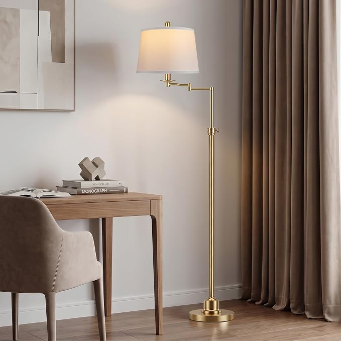 Vintage Floor Lamp for living room, Brushed Antique Brass Farmhouse Standing Lamp with 350° Swivel Swing Arm, 56.6''-66'' Mid Century Modern Height Adjustable Tall Lamp for Bedroom (LED Bulb Included)