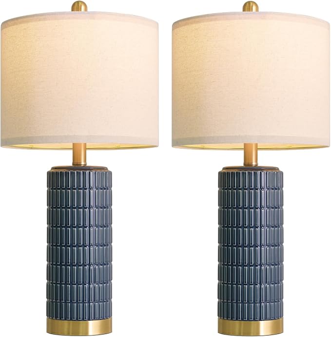 PoKat 25'' Blue Table Lamps for Bedroom Living Room Set of 2, Modern Ceramic Bedside Lamps with Gold Base for Office Sideboard Entryway Side End Table Nightstand Desk Lamps Home Gift (Dark Blue)