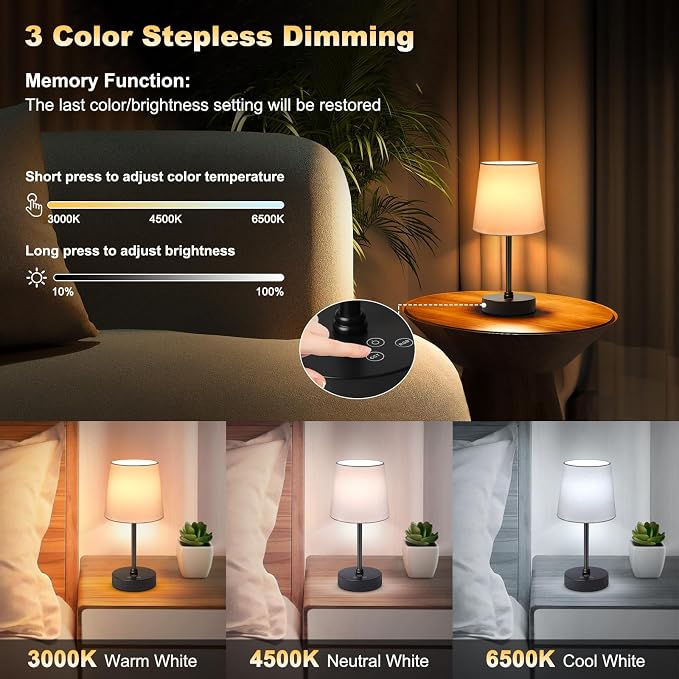 Wowag Small Cordless Table Lamp,5000mAh Rechargeable Battery Operated Desk Lamp,3 Colors & 7 RGB Stepless Dimmable, Portable Touch Wireless Lamp for Bedroom,Dining Table,Restaurant 2 Pack (White)