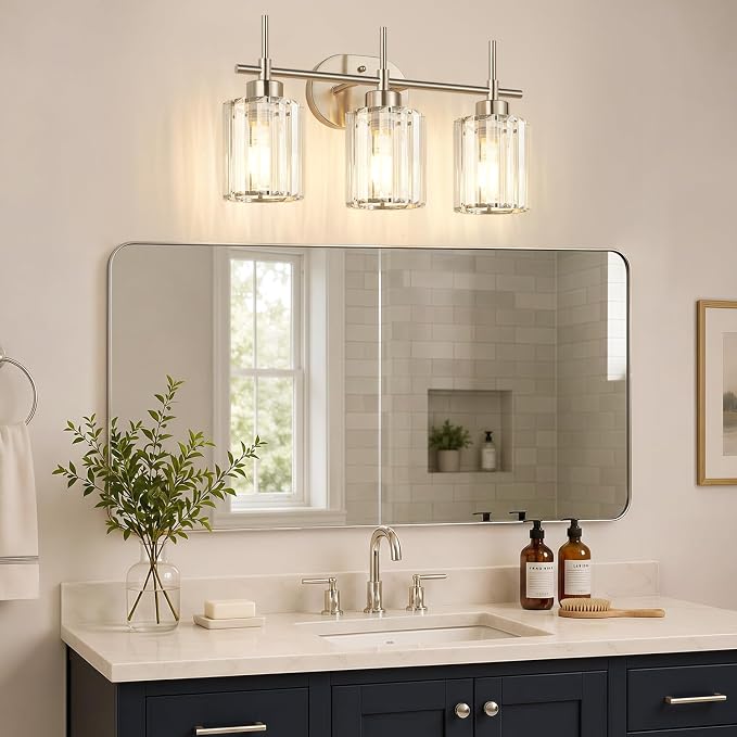 3-Light Bathroom Vanity Light Fixture, Brushed Nickel Bathroom Light with K9 Clear Crystal Shades, Modern Wall Sconce Lighting for Bathroom Mirror, Bedroom, Hallway