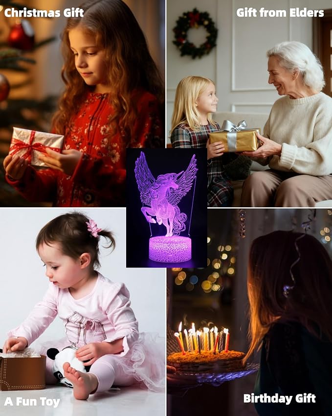 Unicorn Night Light Kid, 3D Illusion LED Lamp, 3 Patterns, Legend | 16 Colors Changing, Dimmable, Touch & Remote Control, Girls Bedroom Room Décor , Christmas Birthday Gift Toy Toddler Teenage
