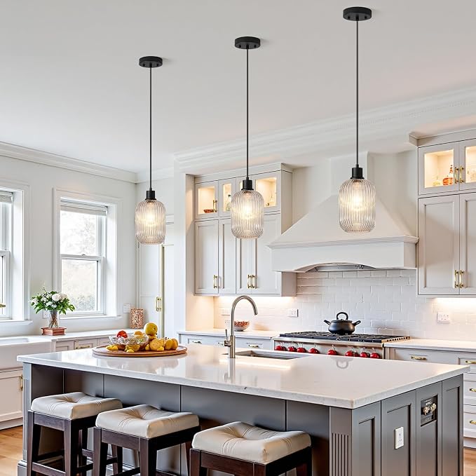 2 Pack Pendant Lights with Vintage Clear Ribbed Glass Lampshade, Adjustable Matte Black Pendant Lights Fixtures for Kitchen Island Lighting Sink, Dining & Living Room Hallway (Bulbs Not Included)