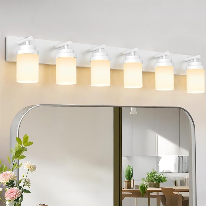IZORRO Bathroom Vanity Light Fixture, 6-Light 46 Inch White Bathroom Light Fixtures Over Mirror, with White Glass Shade, Modern Farmhouse Vanity Lights, Rustic Restroom Lighting Fixtures