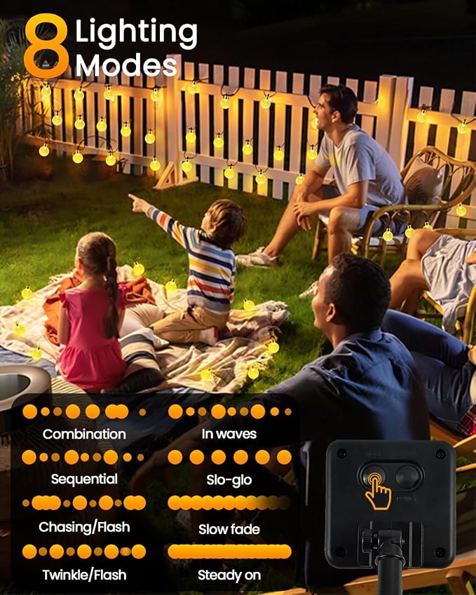 LORRYTE Solar String Lights Outdoor 32FT 50 LED Patio Lights, Warm White | Crystal Globe, IP65 Waterproof, Auto On/Off, 8 Modes Solar Powered Light for Outside Garden Yard Wedding Porch Party Decor